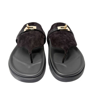 Hermes Empire sandals black suede with champagne goldt-toned Kelly lock hardware
