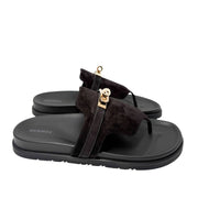 Birds-eye view of the multi-toned Hermès Chypre sandals placed parallel, highlighting the smooth black lambskin lining inside the straps.