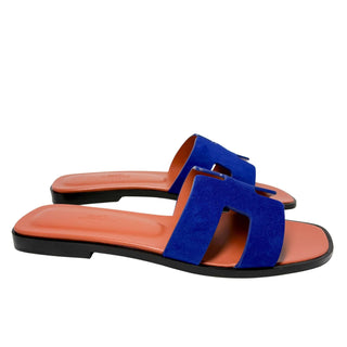 Hermes Oran sandals blue velvet and leather 
