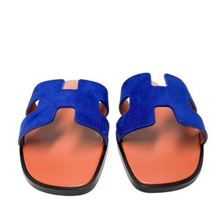 Hermes Oran sandals blue velvet and leather 