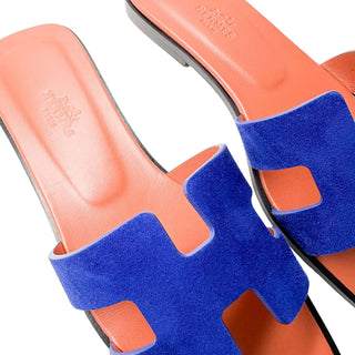 Hermes Oran sandals blue velvet and leather 