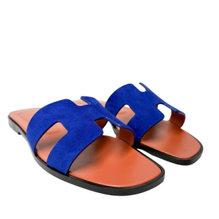 Hermes Oran sandals blue velvet and leather 