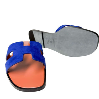 Hermes Oran sandals blue velvet and leather 