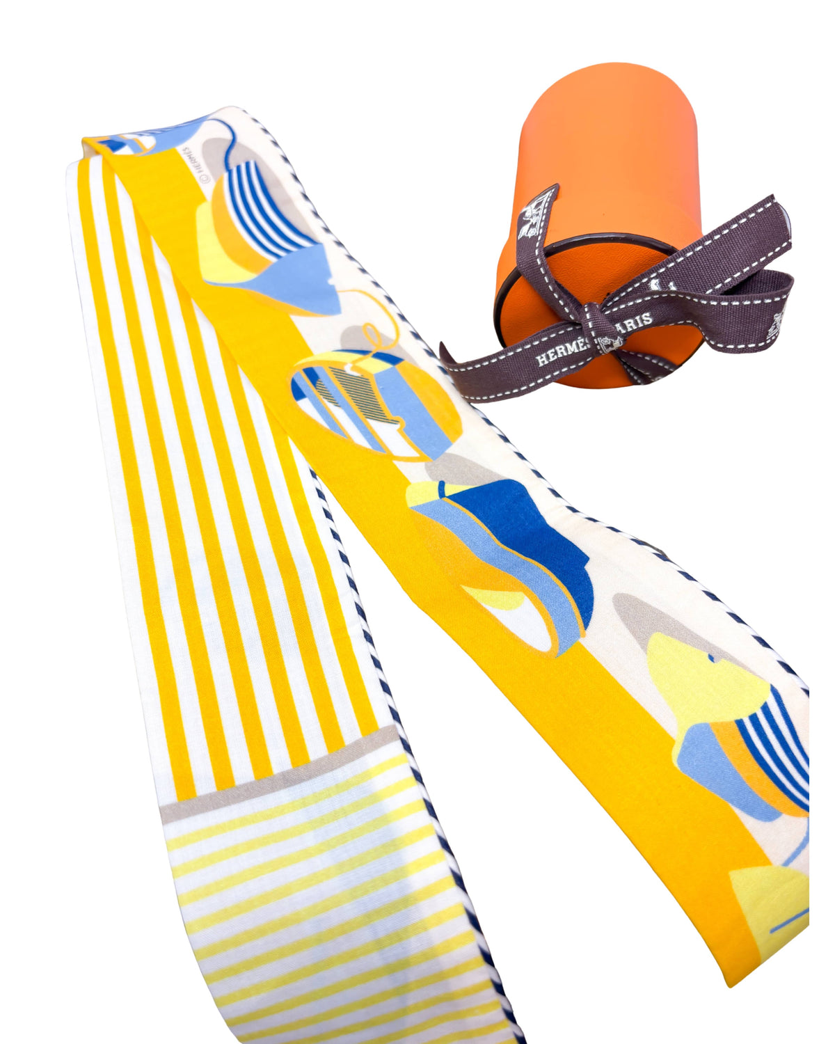 Hermès Twilly ribbon in cotton with bold vertical stripes and nautical Thalassa design, slim scarf style.