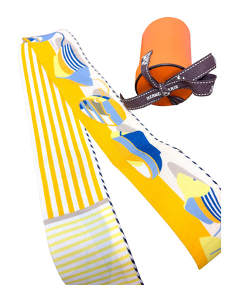 Hermès Twilly ribbon in cotton with bold vertical stripes and nautical Thalassa design, slim scarf style.