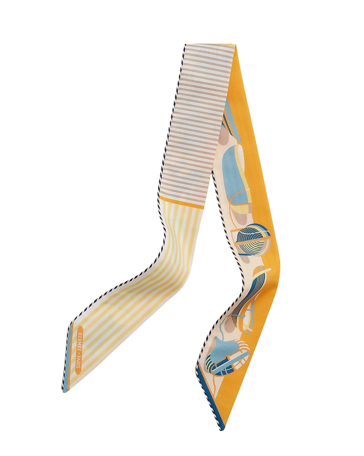 Reversible Hermès Twilly ribbon in 100% cotton featuring yellow Breton stripes on one side and Thalassa nautical motif on the reverse