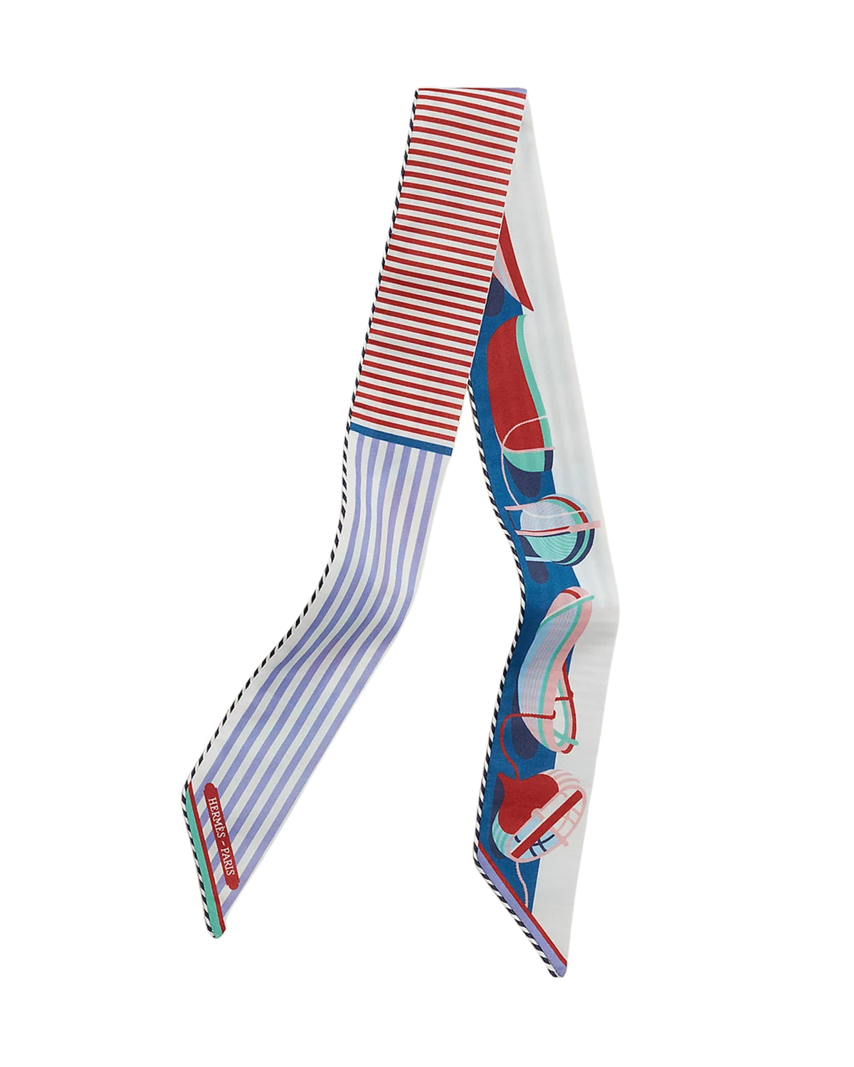 Reversible Hermès Thalassa cotton Twilly scarf showing Breton-inspired maritime stripes in marine, violet, and red tones