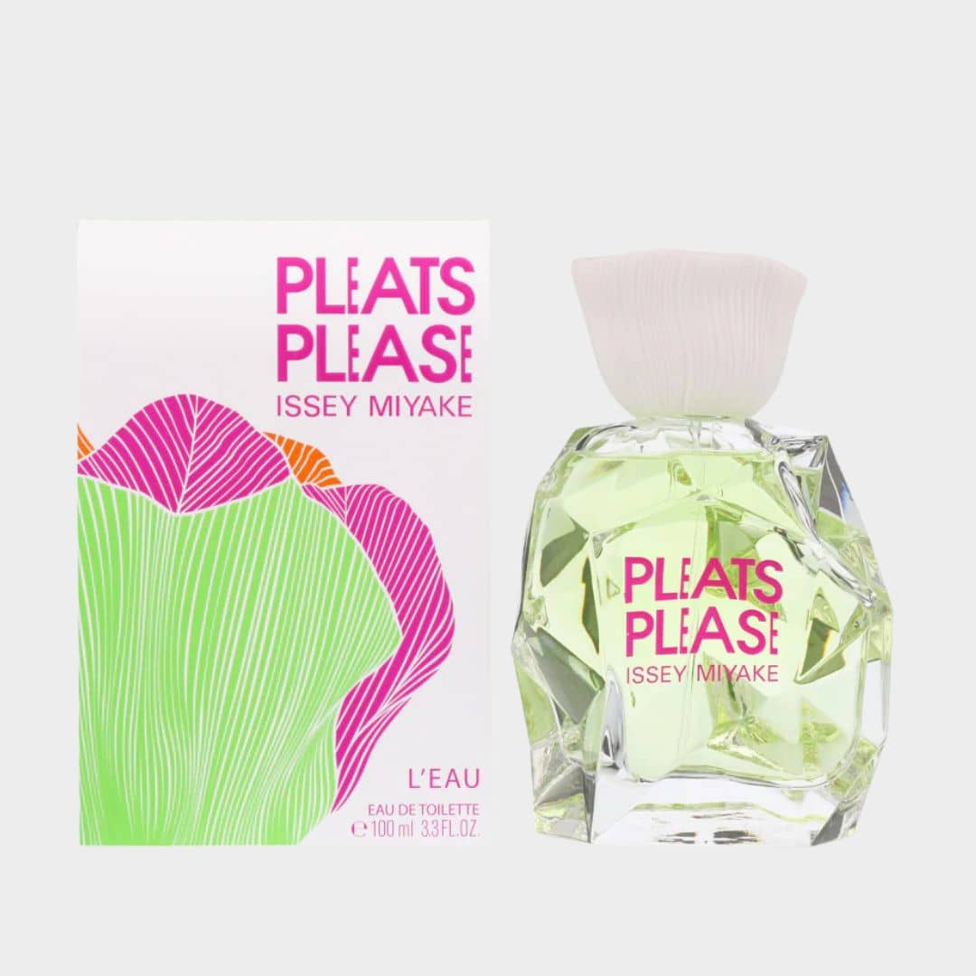 Issey Miyake Pleats Please L'Eau Eau de Toilette faceted glass bottle displayed next to its green and pink geometric retail packaging box.