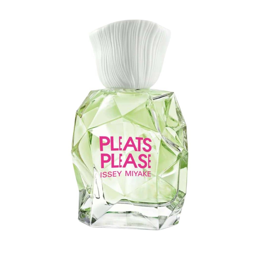 Front view of Issey Miyake Pleats Please L'Eau perfume bottle showcasing the light green perfume fluid and pink logo text.
