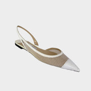 Jimmy Choo Fetto pointed toe slingback flats in white fishnet mesh