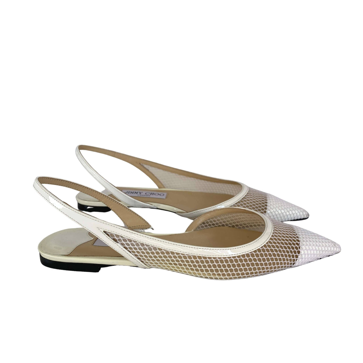 Side profile view showcasing the mesh overlay and slingback strap on Jimmy Choo Fetto flats