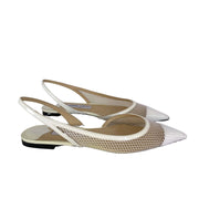 Side profile view showcasing the mesh overlay and slingback strap on Jimmy Choo Fetto flats