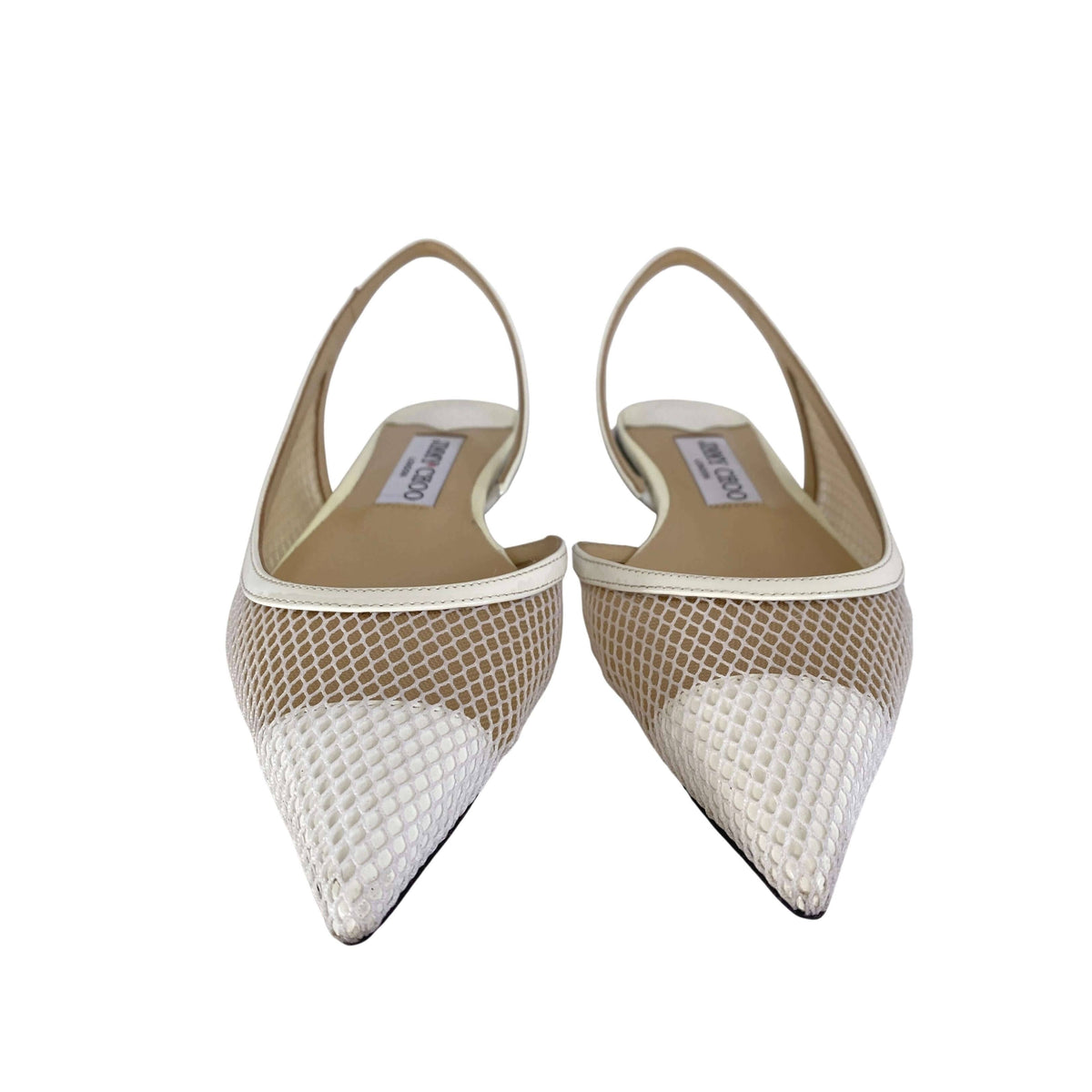 Front view of a pair of Jimmy Choo Fetto mesh dOrsay flats
