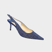 Sleek side profile of Jimmy Choo Harper 65 blue denim slingback pump with 65mm kitten heel and pointed toe.
