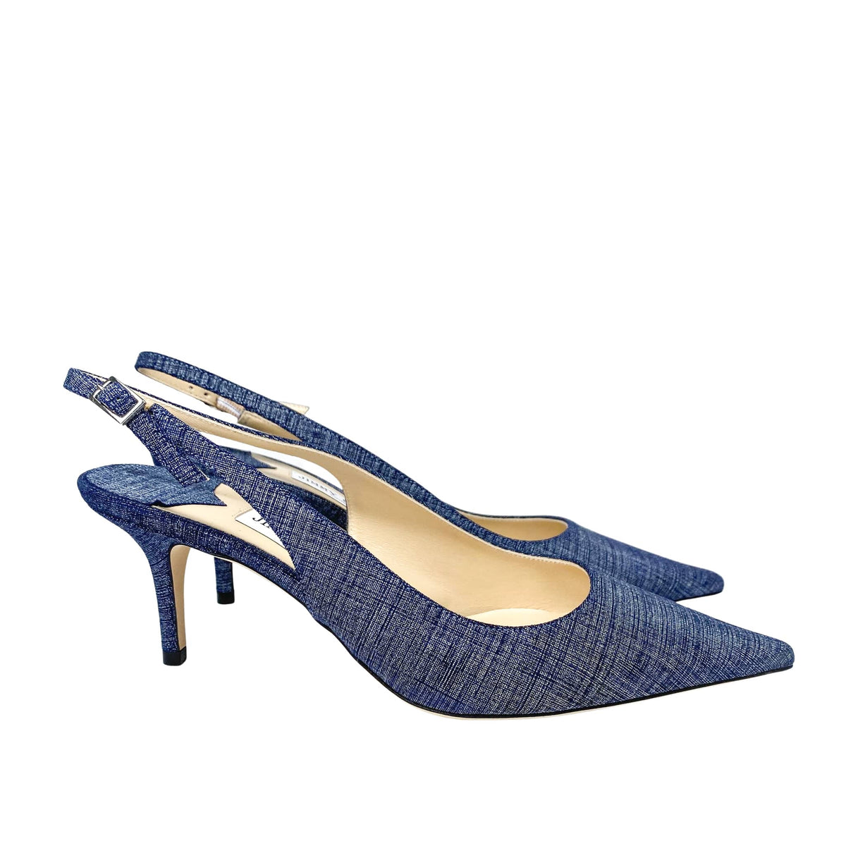 Side profile studio shot of the Jimmy Choo Harper 65 blue denim slingback pump showing its low heel curve.
