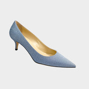 Side profile view of Jimmy Choo Aza 50 light blue glitter kitten heel pump highlighting the pointed toe and 50mm mid heel height.