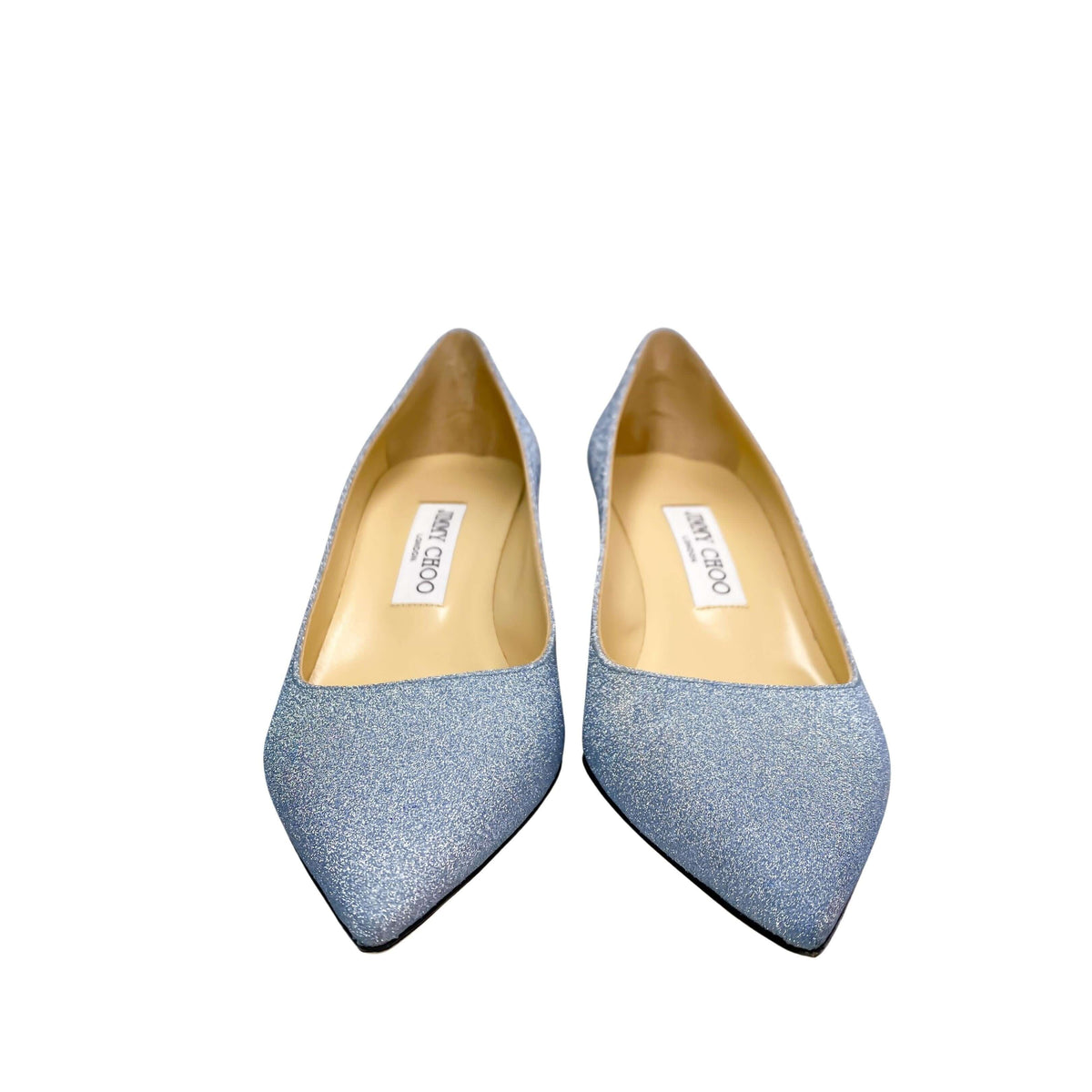 Pair of Jimmy Choo Aza 50 light blue glitter pumps displayed together pointing forward with beige leather lining.