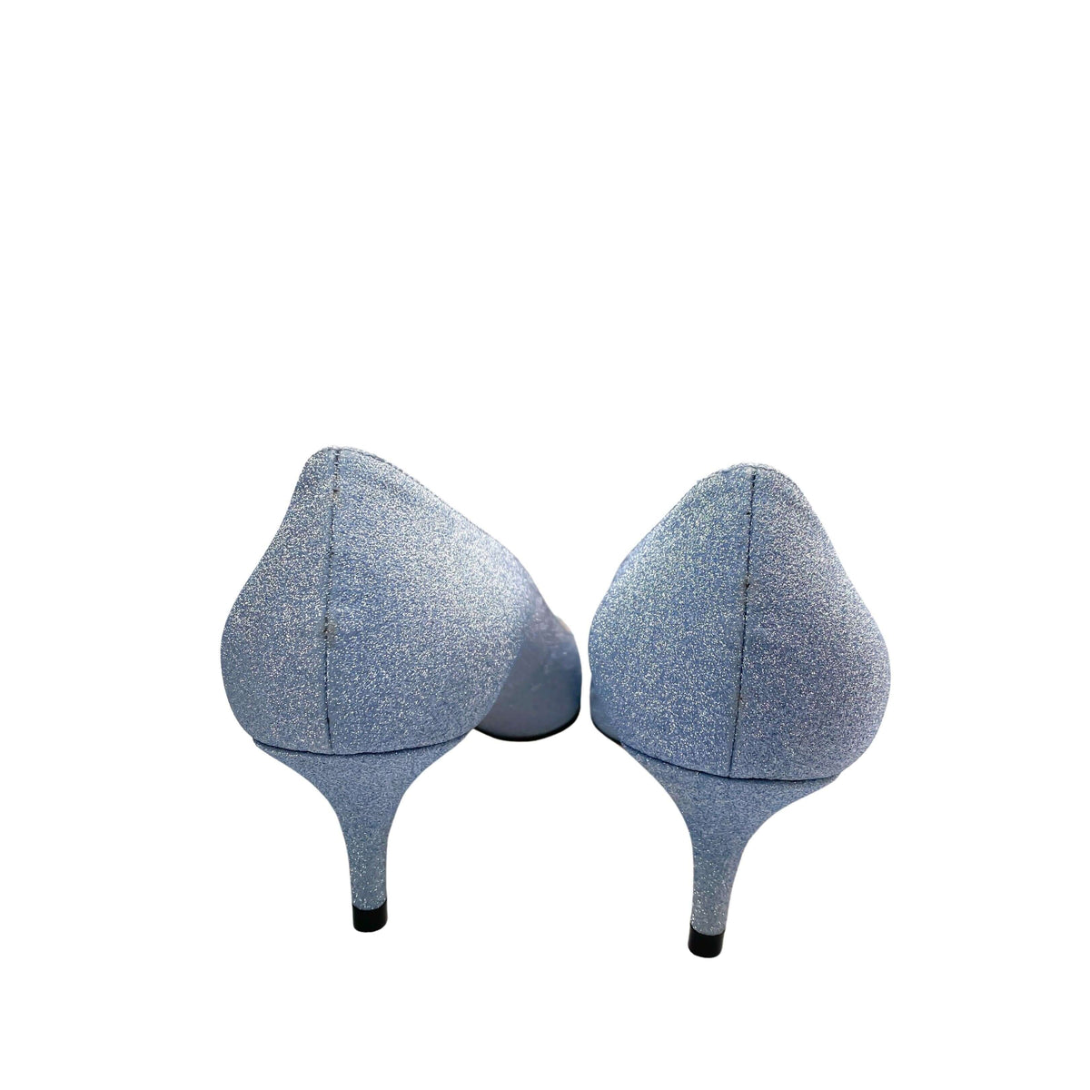Rear view of Jimmy Choo Aza 50 light blue glitter kitten heels highlighting the heel counters and 50mm mid heels.
