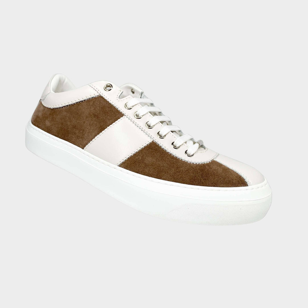 Jimmy Choo Portman men's low-top sneaker in white leather with brown suede side panel.