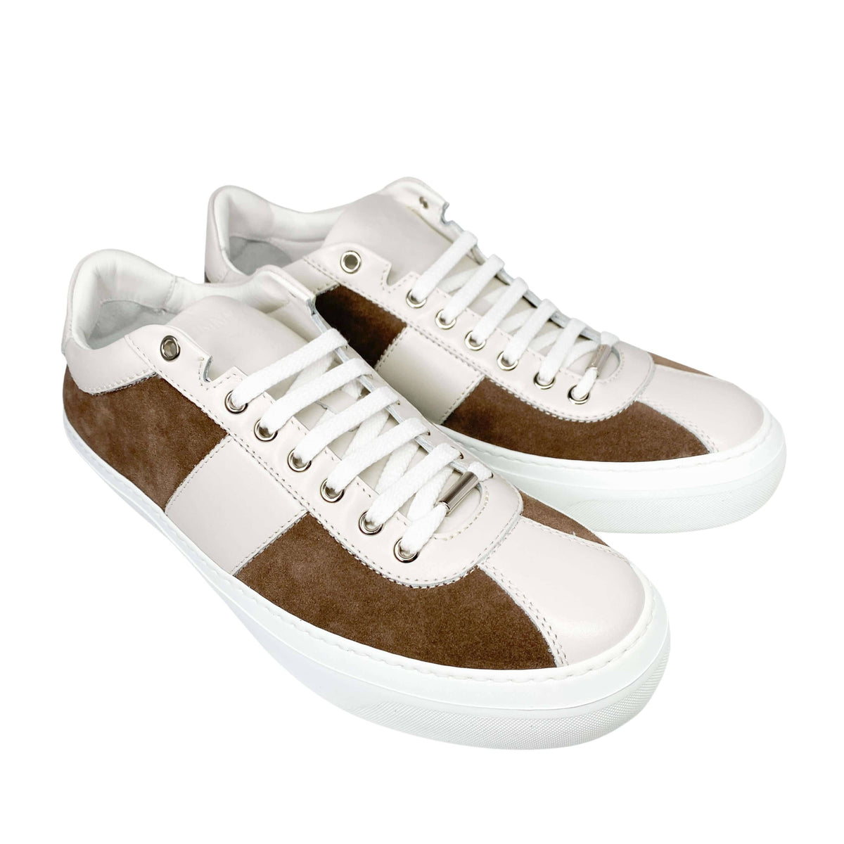 Three-quarter angled pair view of Jimmy Choo Portman men's brown suede and white leather luxury sneakers.