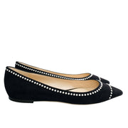 Side profile view of Jimmy Choo Romy pearl-embellished ballet flats displaying sleek low-cut vamps and smooth black suede.