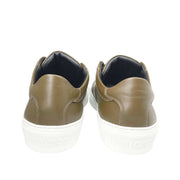 Back view of Jimmy Choo Portman olive green sneakers showing leather heel counters and thick white rubber soles.