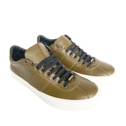 Three-quarter angled pair view of Jimmy Choo Portman men's olive green leather low-top sneakers.