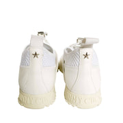 Back view of Jimmy Choo Nija white mesh sneakers showing leather heel pull tabs and rear soles.