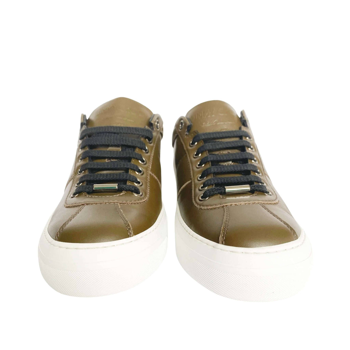 Front view of a pair of Jimmy Choo Portman olive green nappa leather sneakers showing black laces.