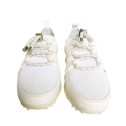 Front view of a pair of Jimmy Choo Nija white mesh sneakers showing round toes and front lacing.
