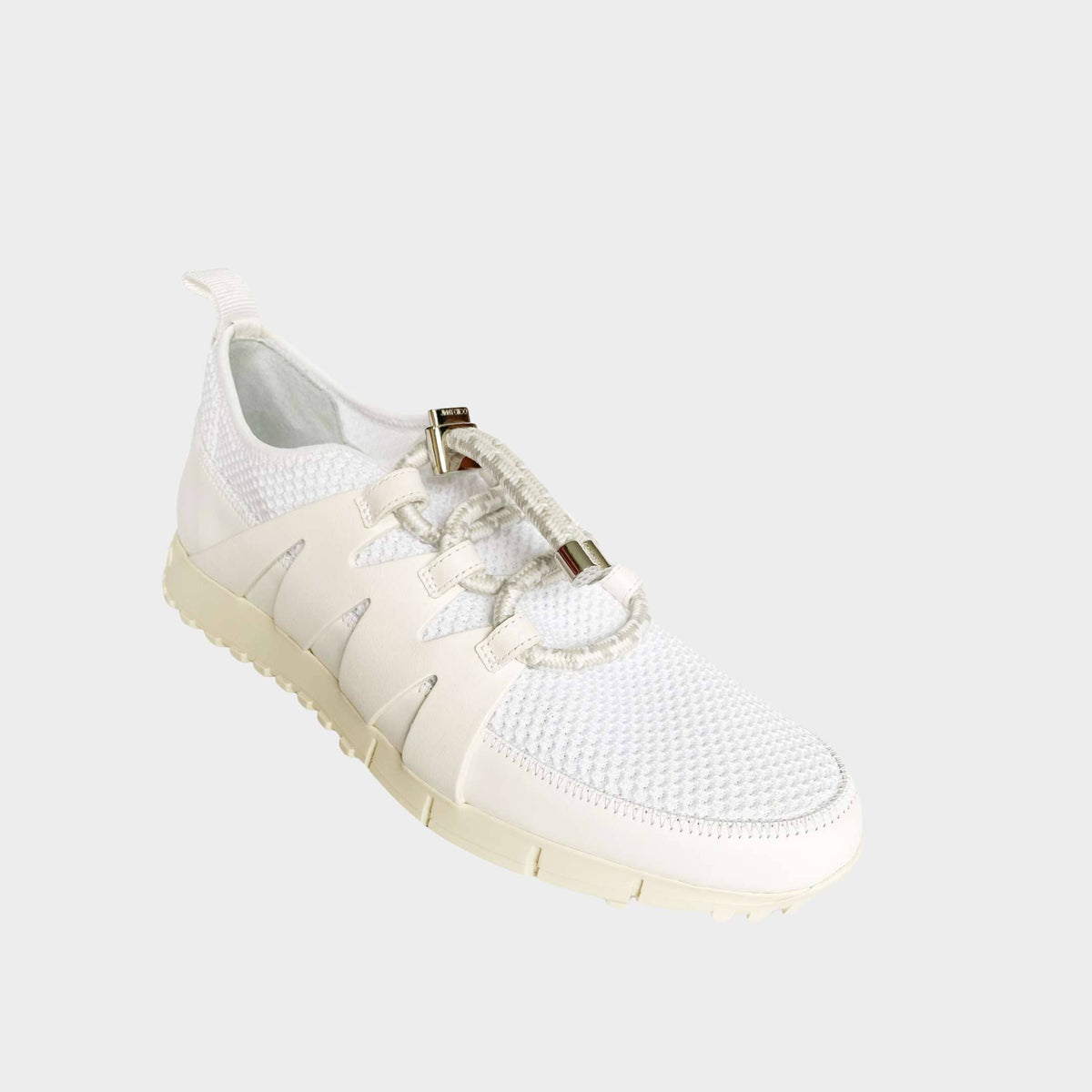 Jimmy Choo Nija men's white mesh low-top sneaker featuring leather trim and toggle lace closure.