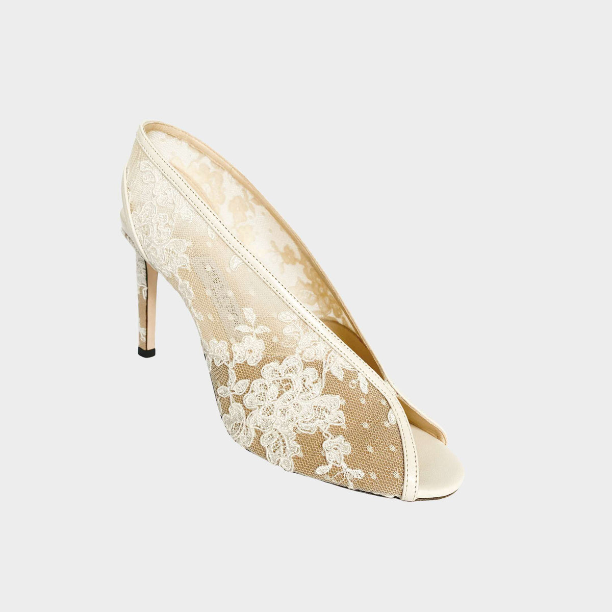 Jimmy Choo Shar 85 open toe wedding heels in gold floral lace