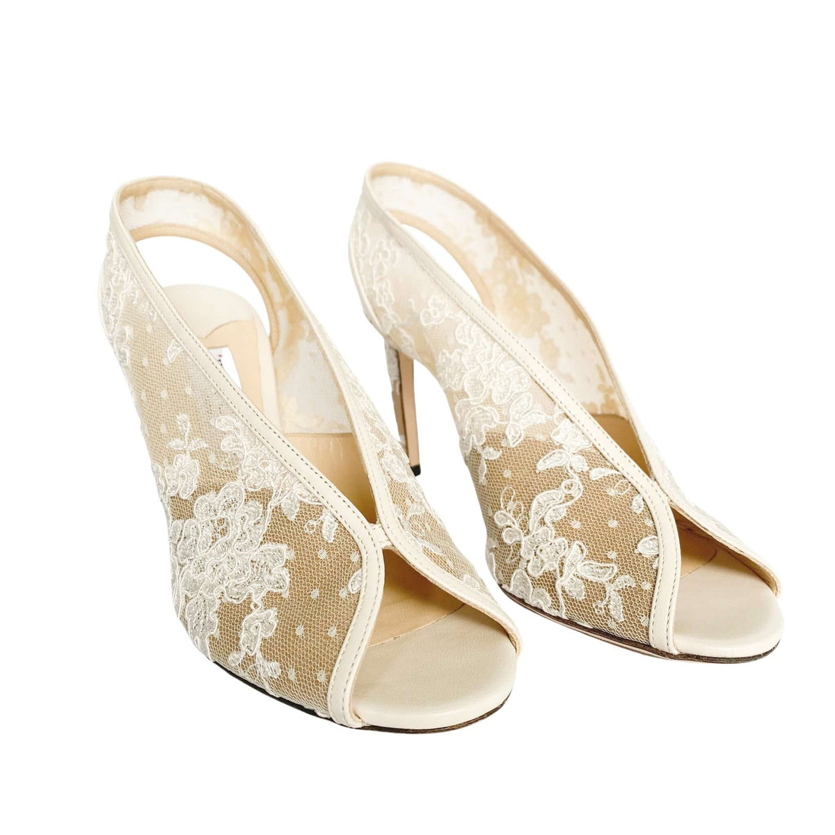 Jimmy Choo Shar 85 gold floral lace wedding shoes in luxury packaging