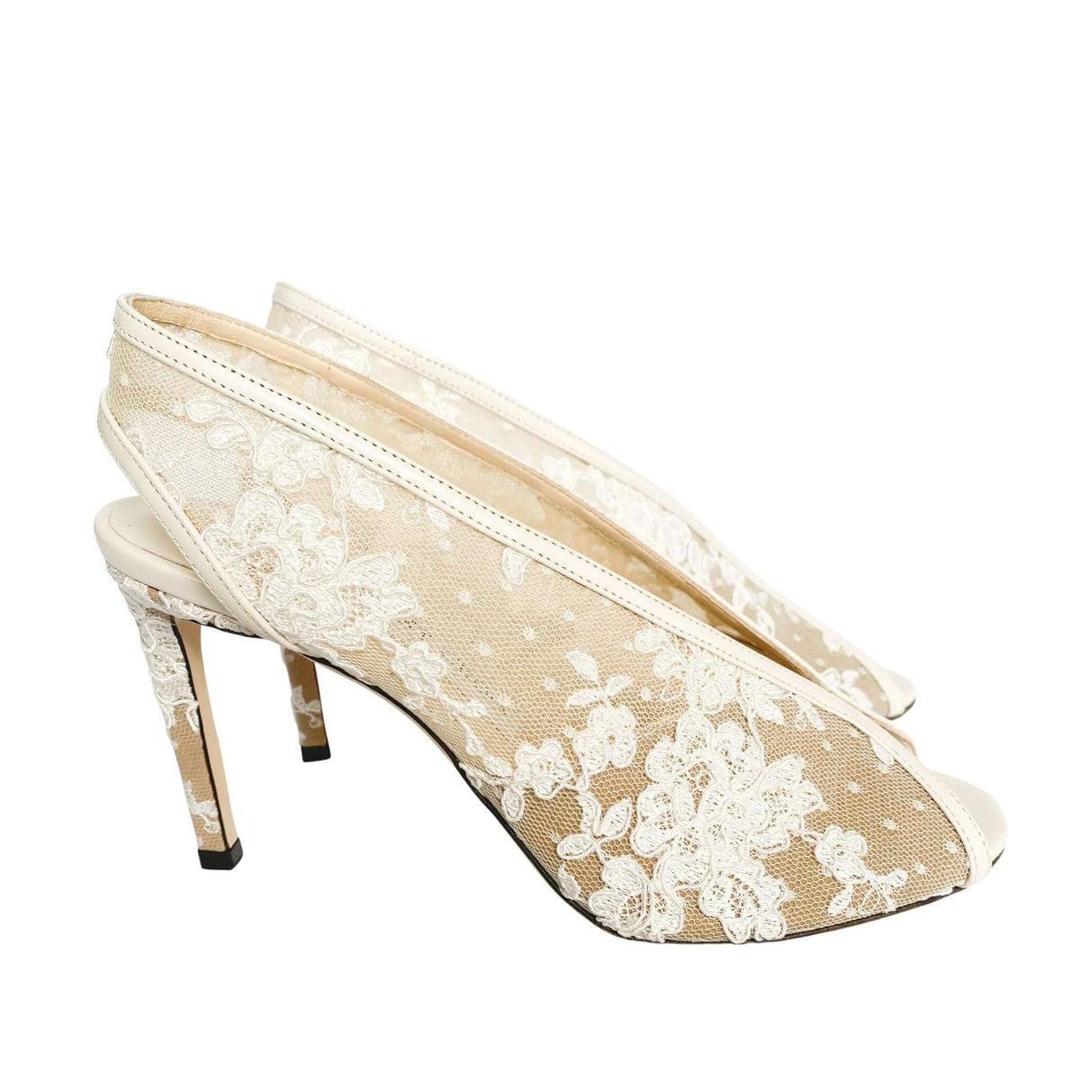 Pair of Jimmy Choo Shar 85 gold lace bridal heels