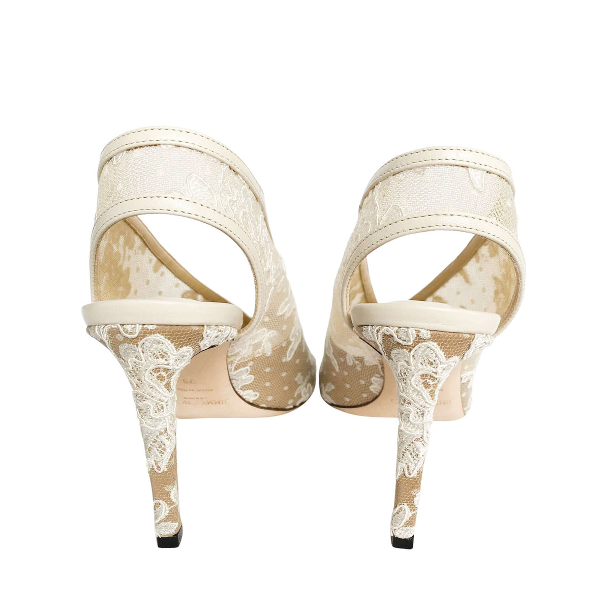 Back angle view of Jimmy Choo Shar 85 lace wedding pumps