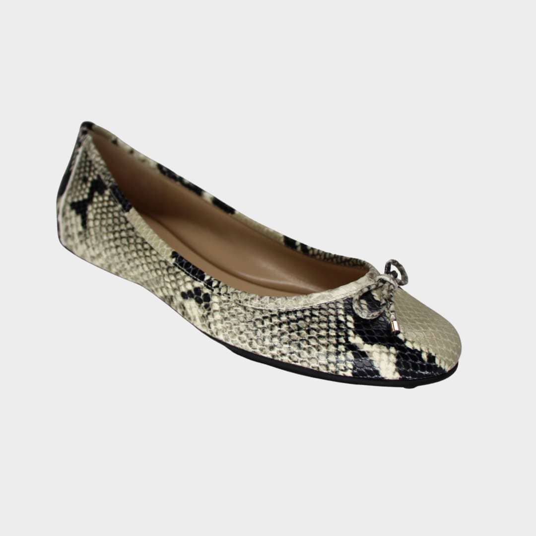 Jimmy Choo Walsh snake print leather ballerina flat – side profile view showing pointed toe and elegant feminine silhouette.