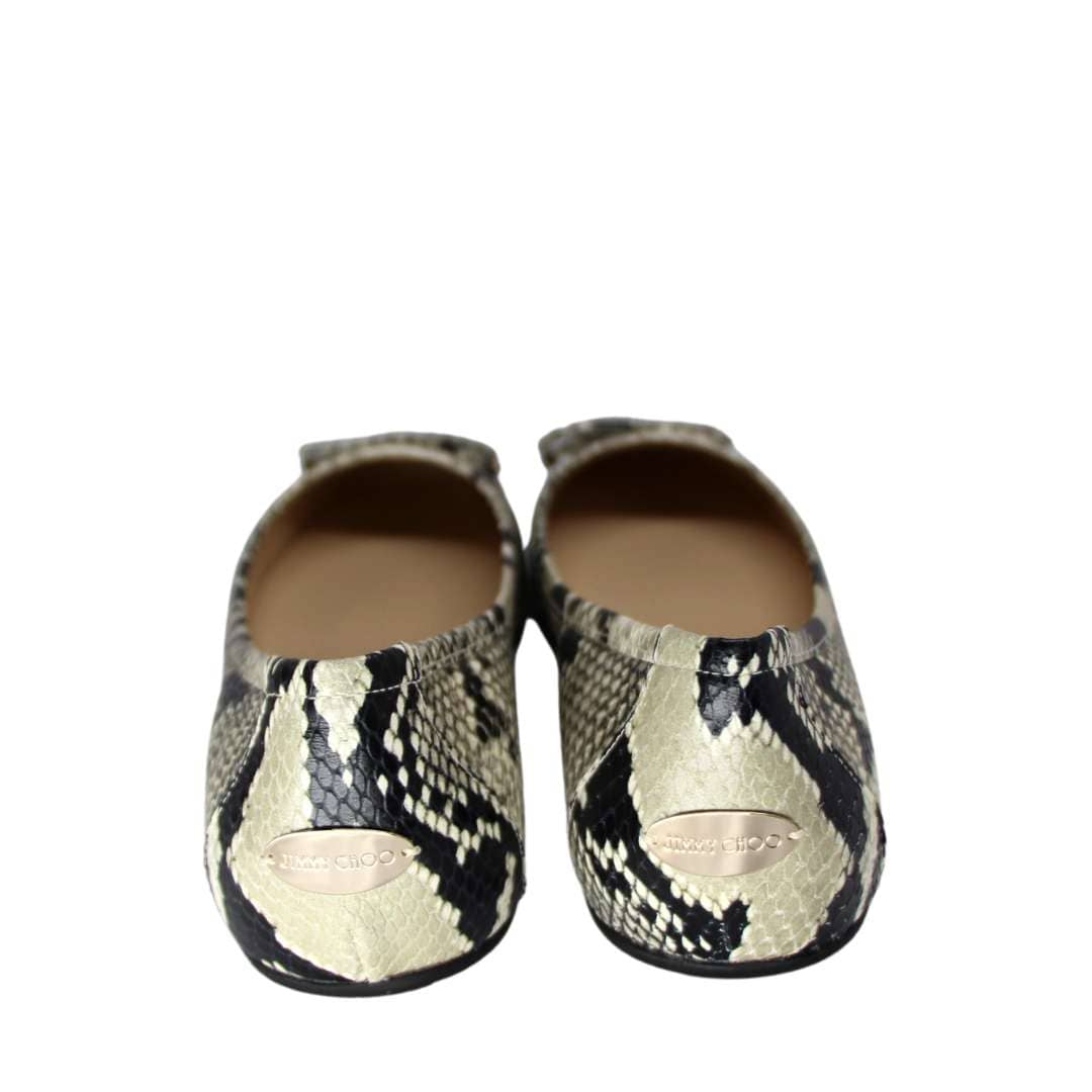 Front view of a pair of Jimmy Choo Walsh snake print leather flats showing the refined toe shape and front design.