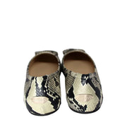 Front view of a pair of Jimmy Choo Walsh snake print leather flats showing the refined toe shape and front design.