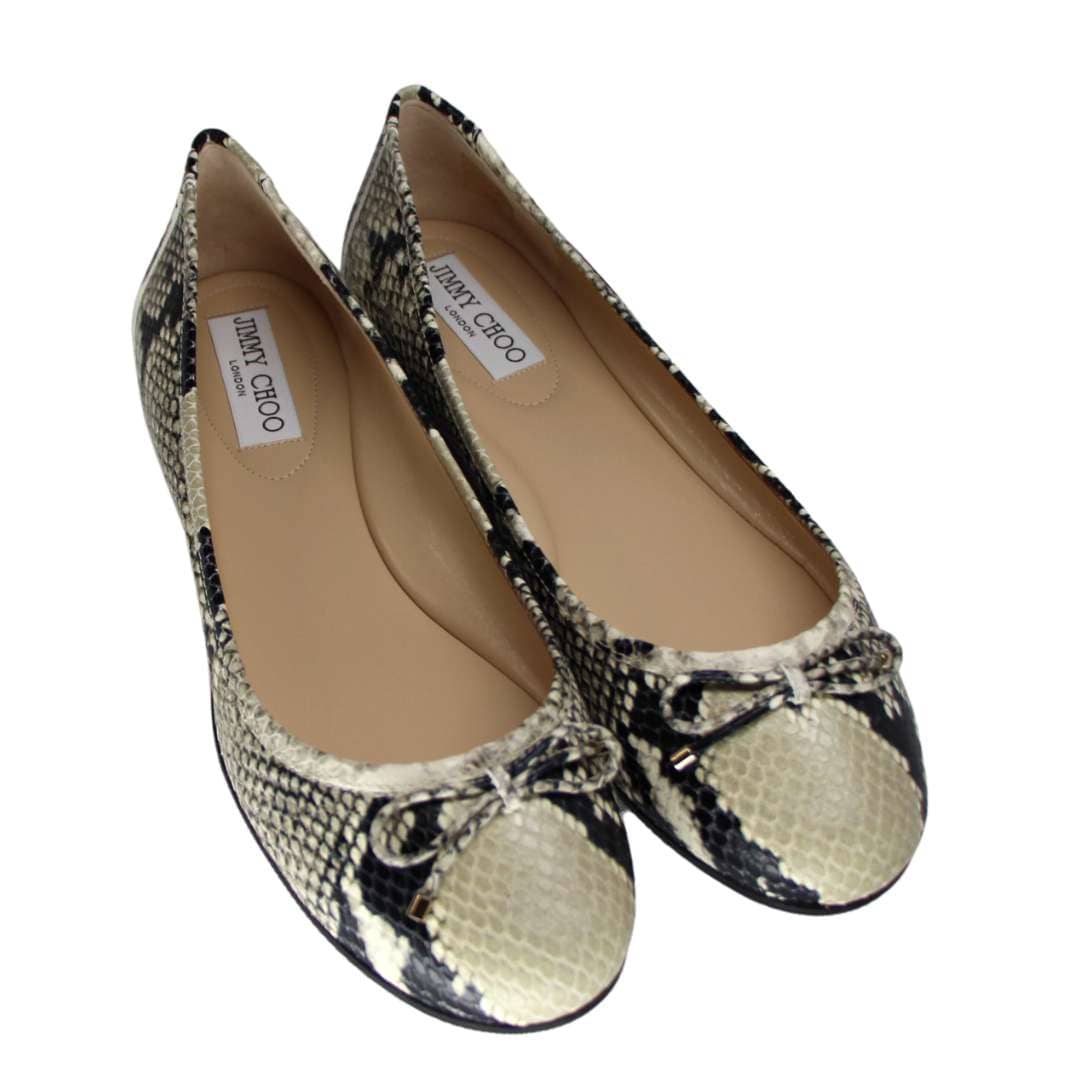 Top-angle pair view of Jimmy Choo Walsh pointed-toe ballerina flats in classic snake pattern.