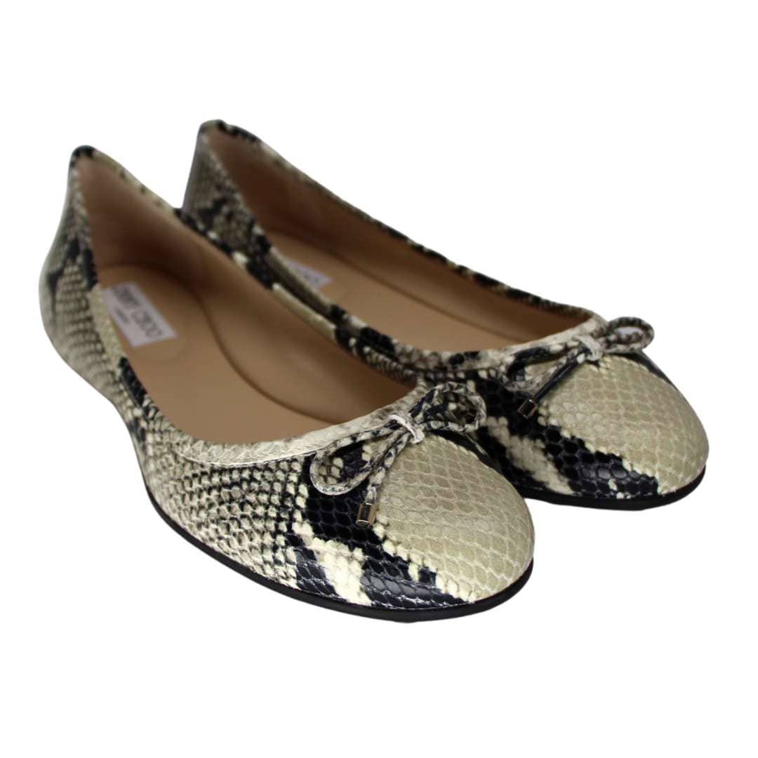 Three-quarter perspective view of Jimmy Choo Walsh snake print flat shoes highlighting the soft leather construction.