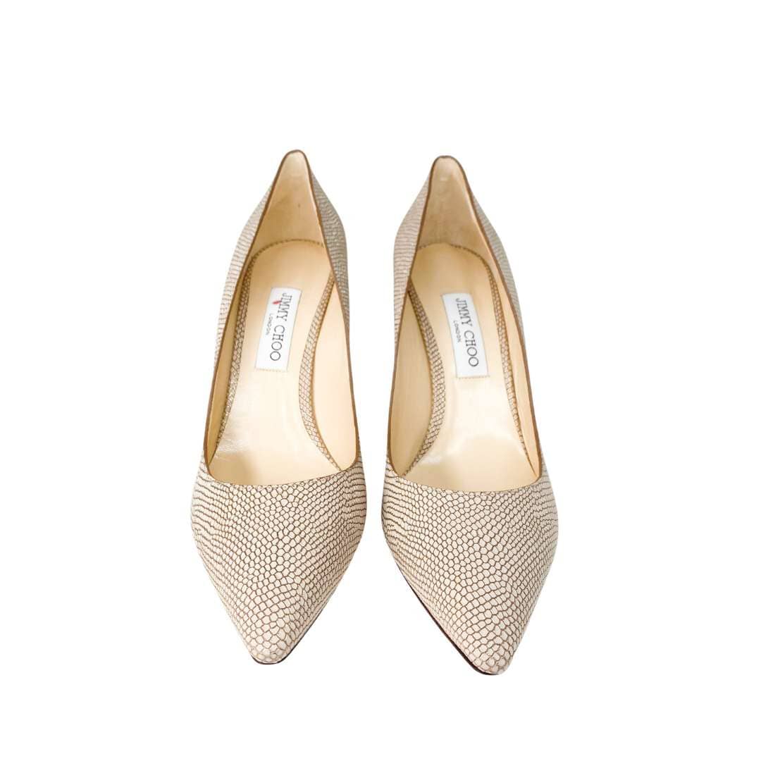 Front view of a pair of Jimmy Choo Romy 85 beige gold classic heels