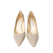 Front view of a pair of Jimmy Choo Romy 85 beige gold classic heels