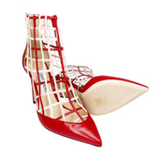 Pair perspective of Jimmy Choo Sheldon 100 red leather cutout stiletto boots displayed together.
