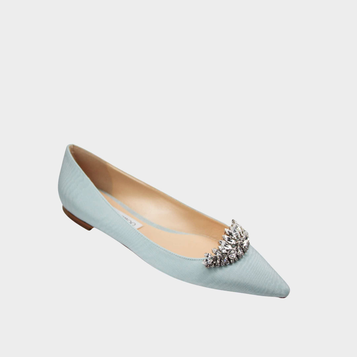 Jimmy Choo Romy pointed toe flats in baby blue fabric with crystal tiara trim