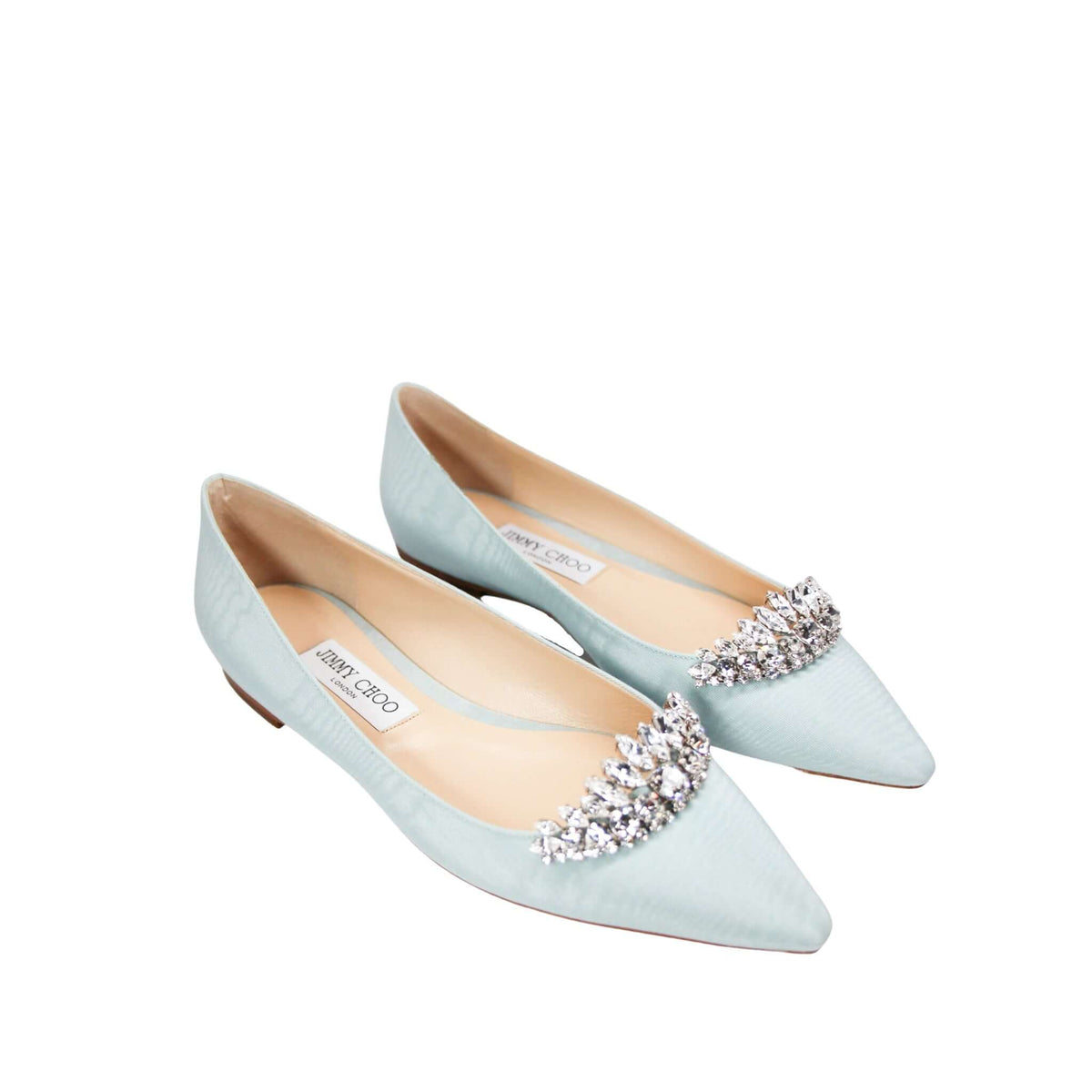 Front angle view of a pair of Jimmy Choo Romy light blue bridal flats