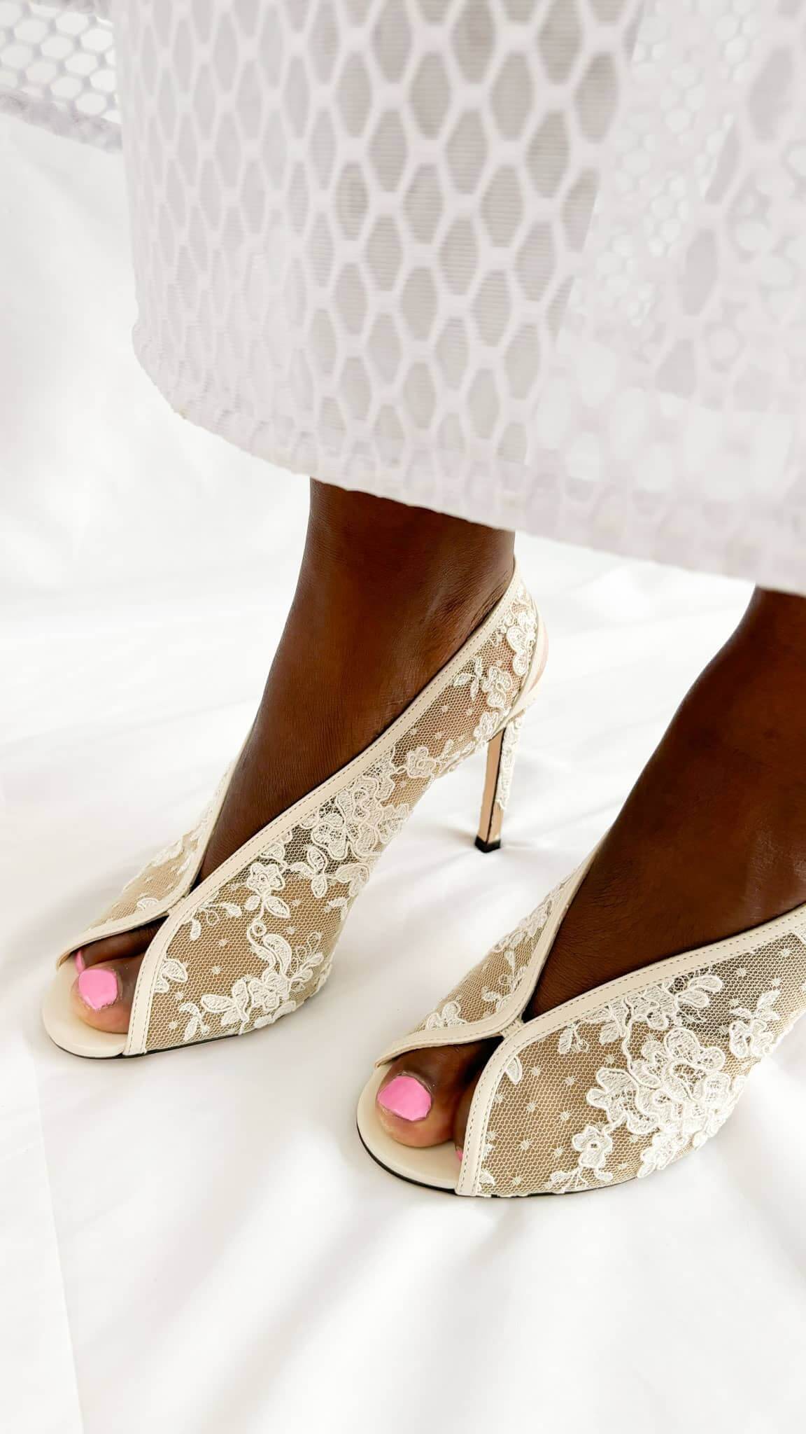 Close up of the intricate gold floral lace on Jimmy Choo Shar 85 heels