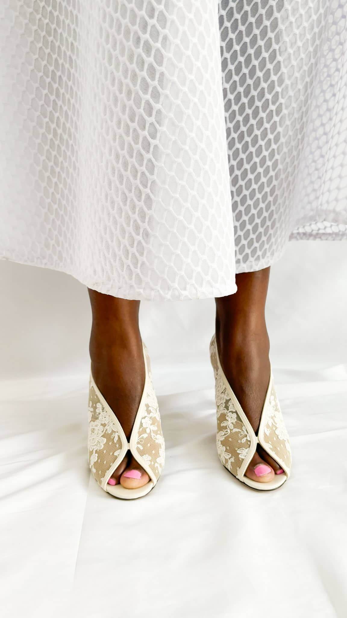 Jimmy Choo Shar 85 wedding heels styled on foot