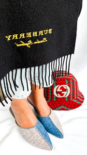 Manolo Blahnik Ajita 30 felt mules presented alongside authentic dust bag packaging.