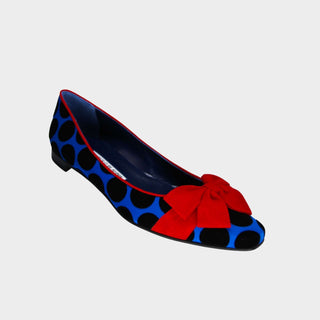 Manolo-Blahnik-Aragon-flat-shoe-blue-black-dots-red-bow-Glamorizta