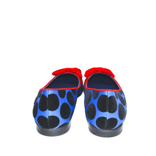 Manolo-Blahnik-Aragon-flat-shoe-blue-black-dots-red-bow-Glamorizta